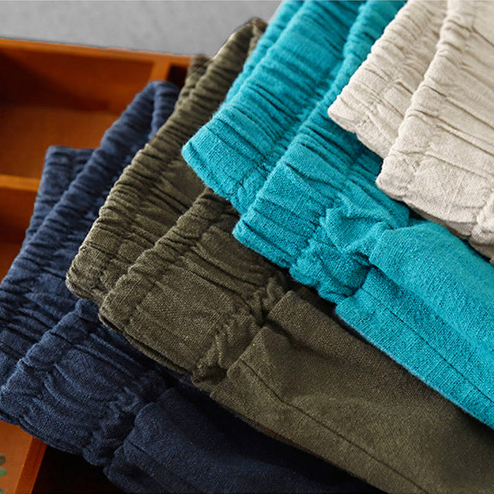 Pantalones harén de lino y algodón para mujer, informales, lisos, de largo 7-8, con bolsillos y estampado Buddha Stones