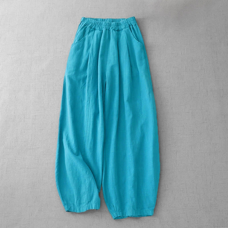 Pantalones harén de lino y algodón para mujer, informales, lisos, de largo 7-8, con bolsillos y estampado Buddha Stones
