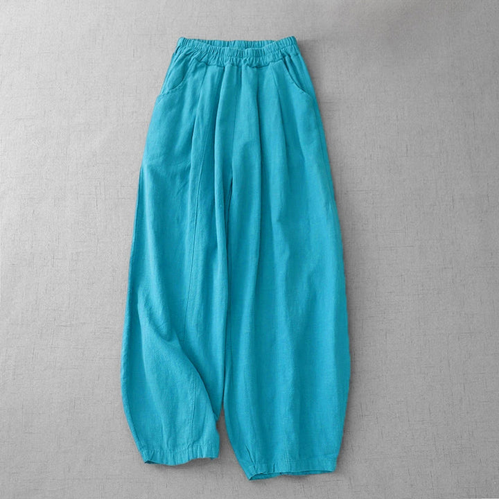 Pantalones harén de lino y algodón para mujer, informales, lisos, de largo 7-8, con bolsillos y estampado Buddha Stones