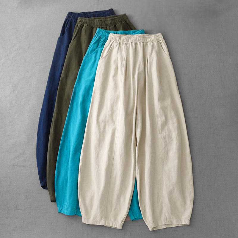 Pantalones harén de lino y algodón para mujer, informales, lisos, de largo 7-8, con bolsillos y estampado Buddha Stones