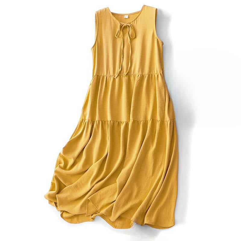Vestido midi informal de lino y algodón sin mangas con bolsillos, hecho a mano, con cordones y Buddha Stones - Vara de oro - US8-10,UK/AU12-14,EU40-42 (2XL) - image 11