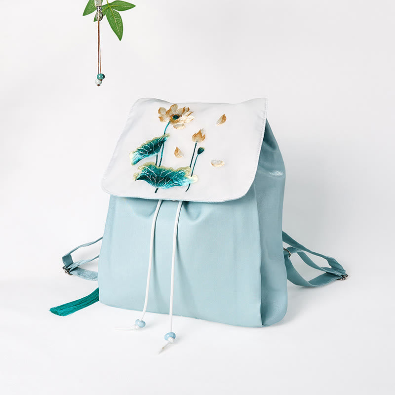 Mochila de lona de gran capacidad bordada con loto azul y Buddha Stones , hecha a mano