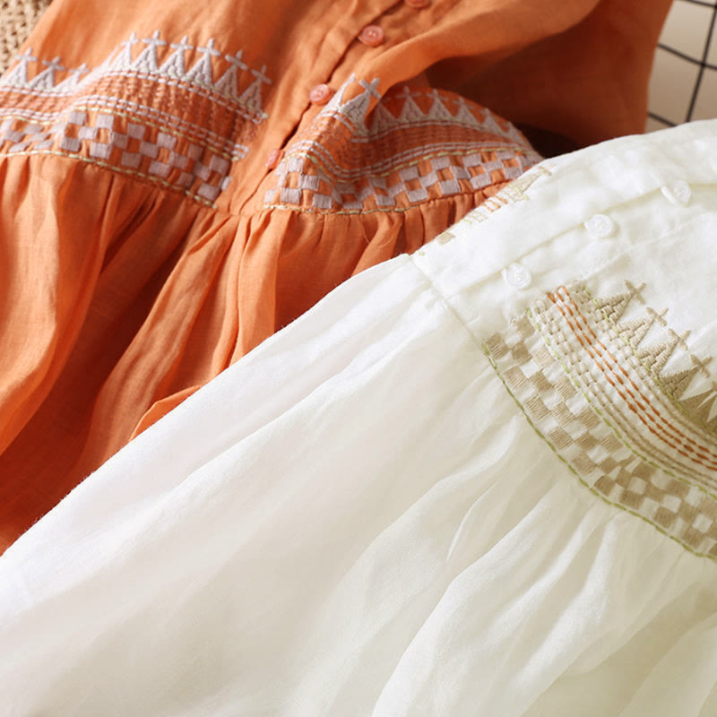 Vestido midi de algodón para mujer con bordado geométrico de Buddha Stones y mangas de nueve cuartos con bolsillos