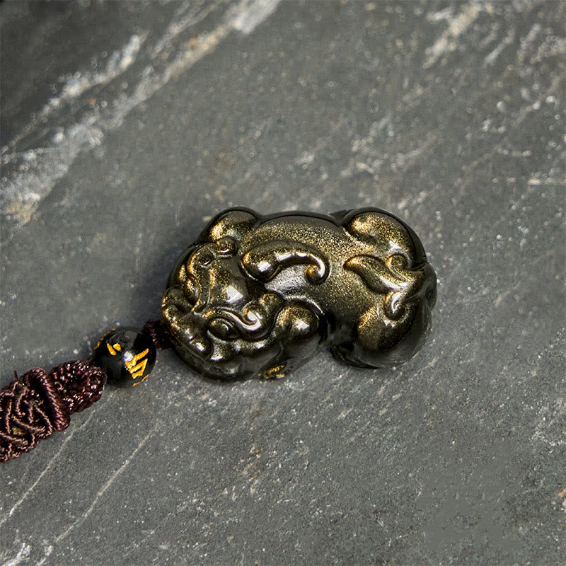 Collar con colgante de cuerda de la riqueza PiXiu de obsidiana con brillo dorado y piedras de Buddha Stones - image 3
