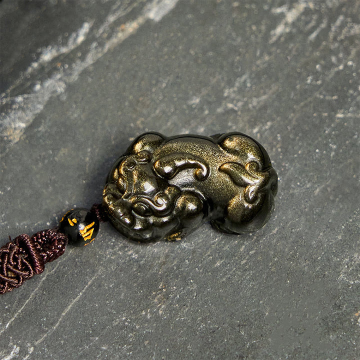 Collar con colgante de cuerda de la riqueza PiXiu de obsidiana con brillo dorado y piedras de Buddha Stones - image 3
