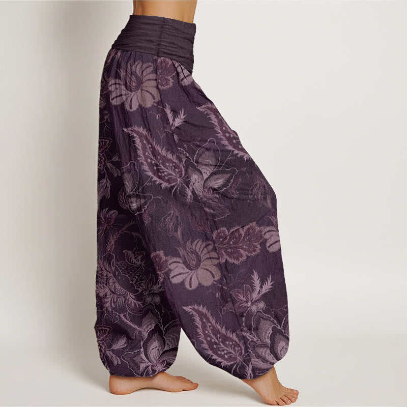Pantalones harén de algodón puro con estampado floral y hojas de Buddha Stones para mujer, cintura elástica