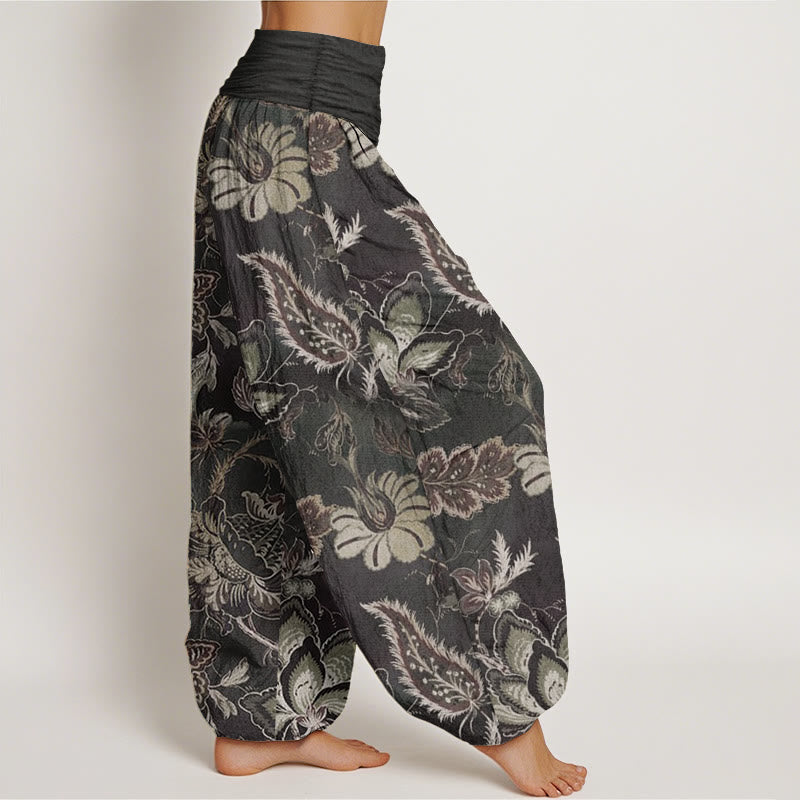 Pantalones harén de algodón puro con estampado floral y hojas de Buddha Stones para mujer, cintura elástica