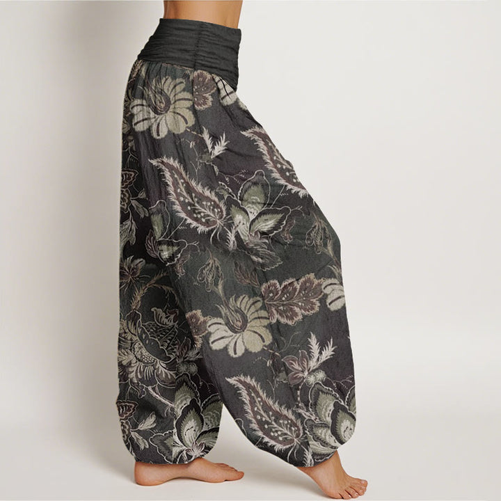 Pantalones harén de algodón puro con estampado floral y hojas de Buddha Stones para mujer, cintura elástica