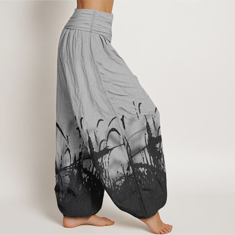 Pantalones harén de algodón puro con estampado de hierba silvestre y Buddha Stones para mujer, cintura elástica