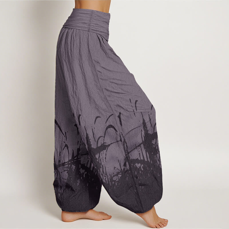 Pantalones harén de algodón puro con estampado de hierba silvestre y Buddha Stones para mujer, cintura elástica