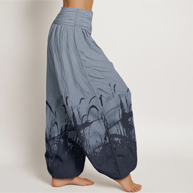 Pantalones harén de algodón puro con estampado de hierba silvestre y Buddha Stones para mujer, cintura elástica