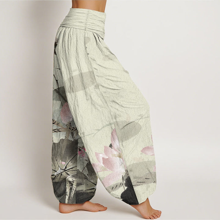 Pantalones harén de algodón puro con estampado de Buddha Stones de loto rosa y pájaro para mujer, con cintura elástica