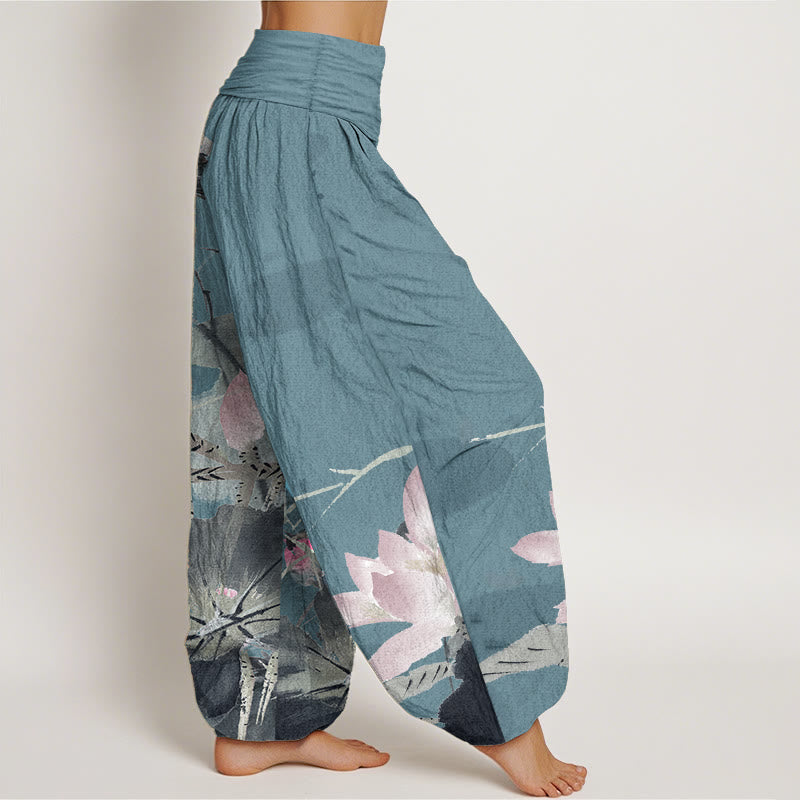 Pantalones harén de algodón puro con estampado de Buddha Stones de loto rosa y pájaro para mujer, con cintura elástica