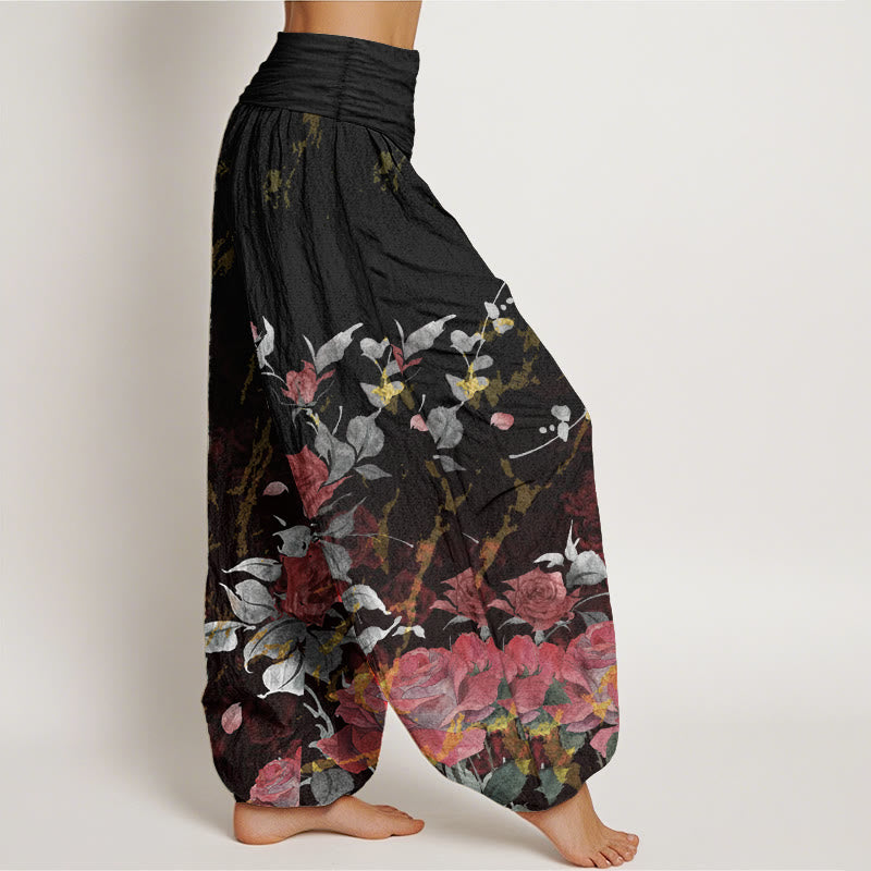 Pantalones Buddha Stones de algodón puro con estampado de rosas florecientes para mujer, cintura elástica