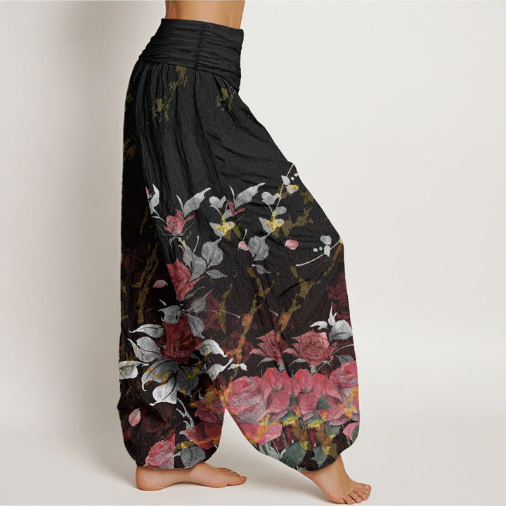 Pantalones Buddha Stones de algodón puro con estampado de rosas florecientes para mujer, cintura elástica