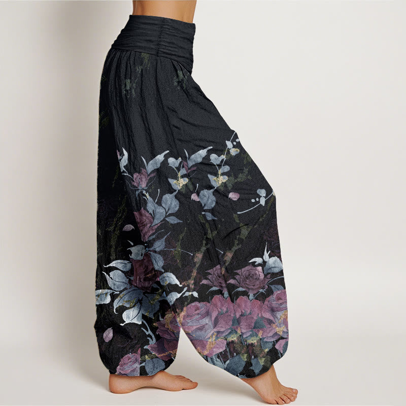 Pantalones Buddha Stones de algodón puro con estampado de rosas florecientes para mujer, cintura elástica