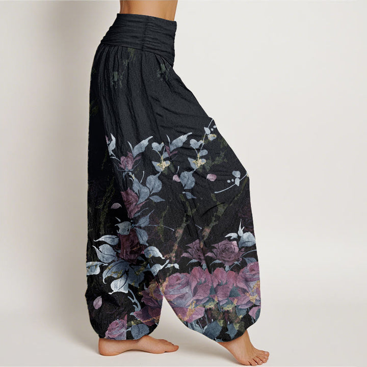 Pantalones Buddha Stones de algodón puro con estampado de rosas florecientes para mujer, cintura elástica