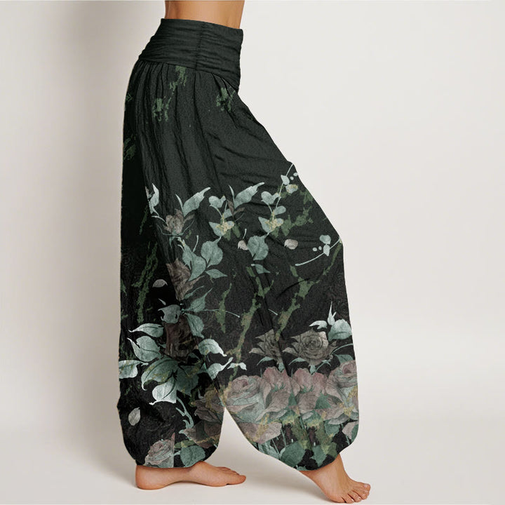 Pantalones Buddha Stones de algodón puro con estampado de rosas florecientes para mujer, cintura elástica