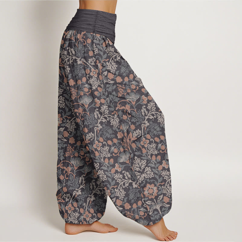 Pantalones Buddha Stones de algodón puro con estampado de flores y hojas de parra para mujer, cintura elástica