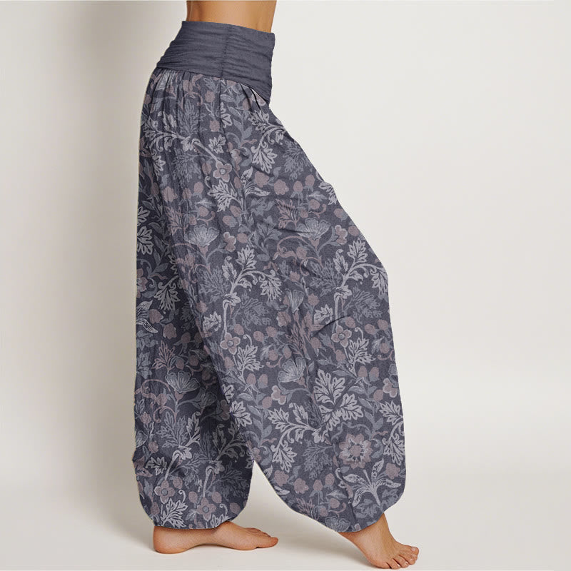 Pantalones Buddha Stones de algodón puro con estampado de flores y hojas de parra para mujer, cintura elástica