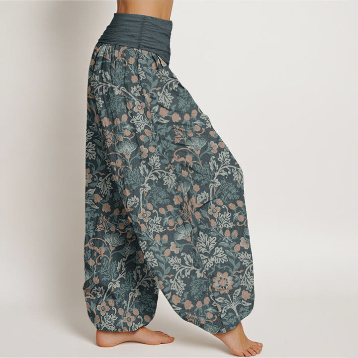 Pantalones Buddha Stones de algodón puro con estampado de flores y hojas de parra para mujer, cintura elástica
