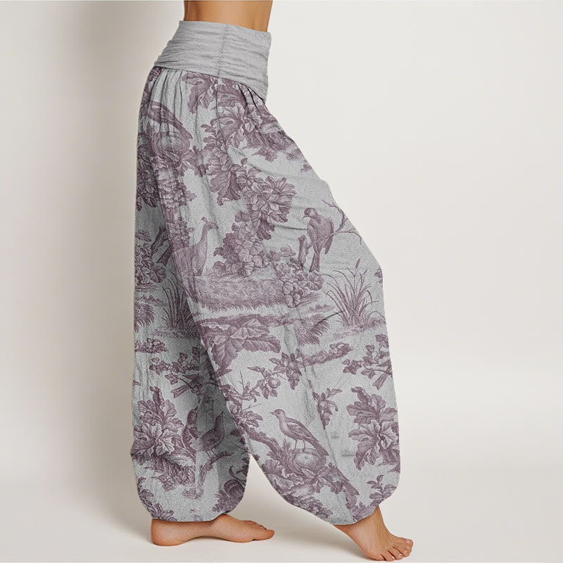 Pantalones Buddha Stones de algodón puro con diseño de pájaros, ramas y árboles para mujer, con cintura elástica