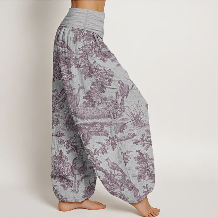 Pantalones Buddha Stones de algodón puro con diseño de pájaros, ramas y árboles para mujer, con cintura elástica