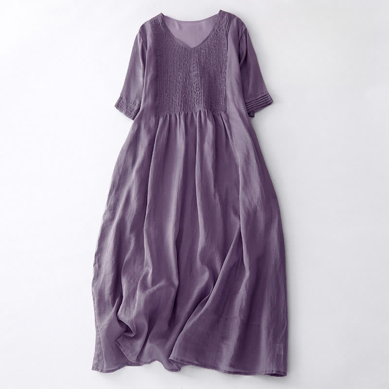 Vestido midi informal de algodón con cuello en V, manga corta y pliegues tipo acordeón con bolsillos de Buddha Stones - Ciruela - US14,UK/AU18,EU46 (2XL) - image 2