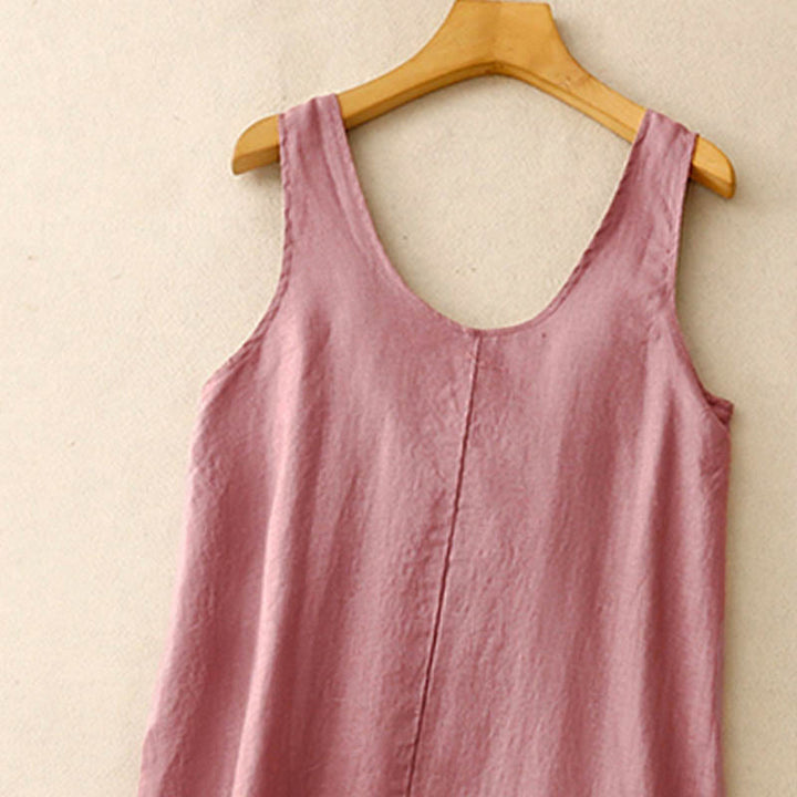 Vestido midi sin mangas de diseño sencillo con cuello redondo y colores puros de estilo casual de verano con Buddha Stones - image 1