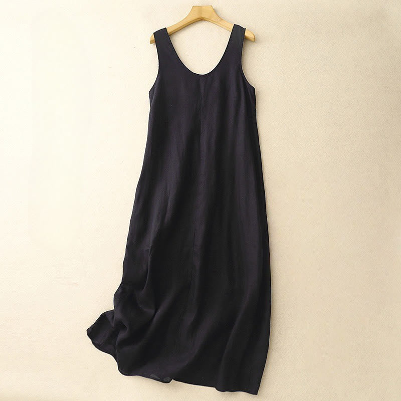 Vestido midi sin mangas de diseño sencillo con cuello redondo y colores puros de estilo casual de verano con Buddha Stones - Negro - US14,UK/AU18,EU46 (2XL) - image 10