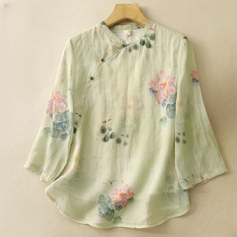 Camisa informal de mujer con estampado de loto y tinta de Buddha Stones, cuello inclinado, botones de rana y manga tres cuartos - Beige - US8-10,UK/AU12-14,EU40-42 (2XL) - image 0