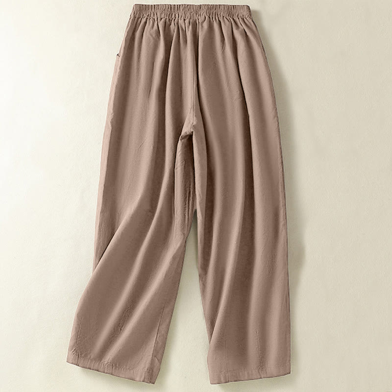 Pantalones harén de lino y algodón para mujer con bolsillos y bordado vintage de verano con estampado de cachemira y Buddha Stones - image 1