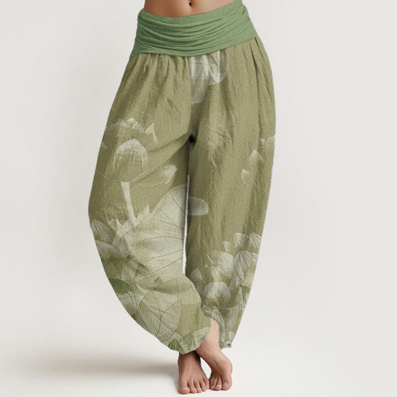 Pantalones harén de Buddha Stones puro con diseño de loto rosa y blanco para mujer, con cintura elástica - Caqui oscuro - US22,UK/AU26,EU54 (6XL) - image 8