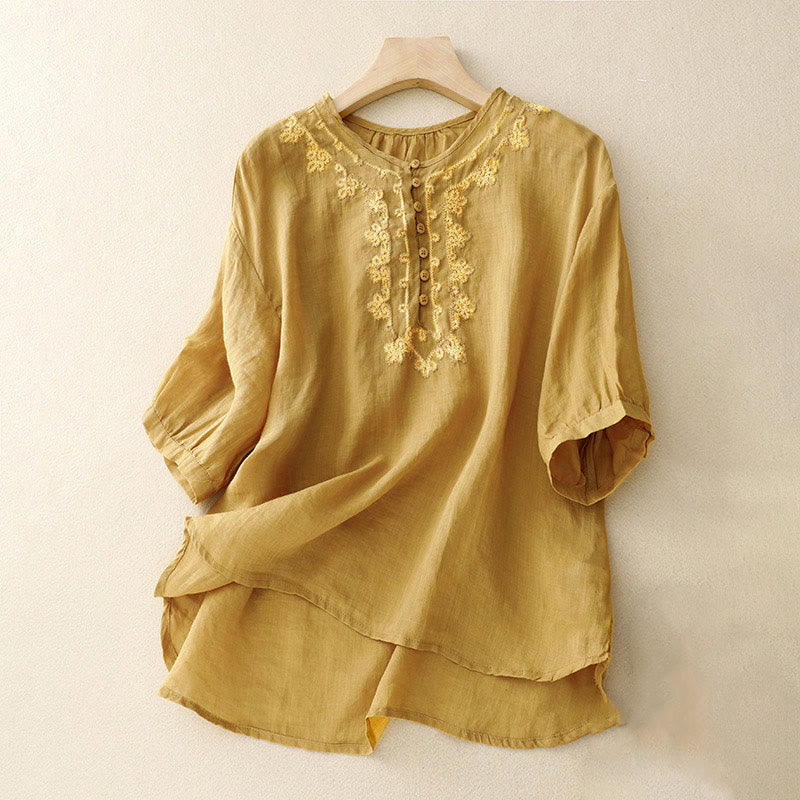 Camisa informal de media manga con diseño de hebilla de rana y diseño sencillo de Buddha Stones para mujer - Vara de oro - US8-10,UK/AU12-14,EU40-42 (2XL) - image 12