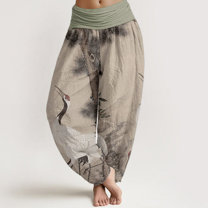 Pantalones harén de algodón puro con diseño de grulla de corona roja y pino para mujer, cintura elástica, estilo casual, Buddha Stones - Trigo - US22,UK/AU26,EU54 (6XL) - image 0