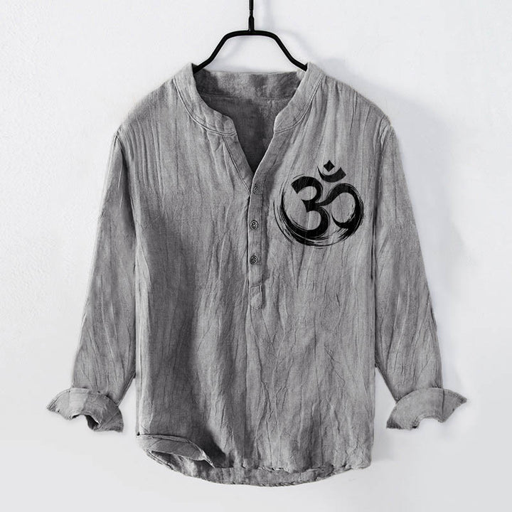 Camisa de manga larga de algodón y lino para hombre con estampado de símbolo Om y Buddha Stones , con botones y medio cuello - Gris - US/UK/AU50, UE60 (5XL) - image 0