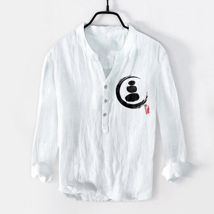 Camisa de manga larga de lino y algodón para hombre con estampado de piedras Buddha Stones y medio botón. - Blanco - US/UK/AU50, UE60 (5XL) - image 6