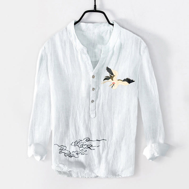 Camisa de manga larga de lino y algodón para hombre con diseño de grullas, nubes y Buddha Stones, con botones y botones. - Blanco - US/UK/AU50, UE60 (5XL) - image 6