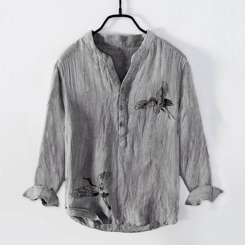 Camisa de manga larga de lino y algodón para hombre con estampado de grulla de corona roja y Buddha Stones , con botones a la izquierda - Gris - US/UK/AU50, UE60 (5XL) - image 3