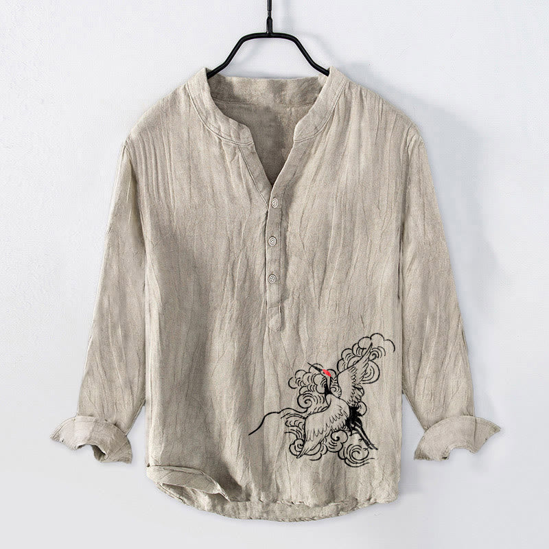 Camisa de manga larga de lino y algodón para hombre con diseño de grulla de corona roja, nubes y Buddha Stones , con botones a la izquierda - Lino - US/UK/AU50, UE60 (5XL) - image 0