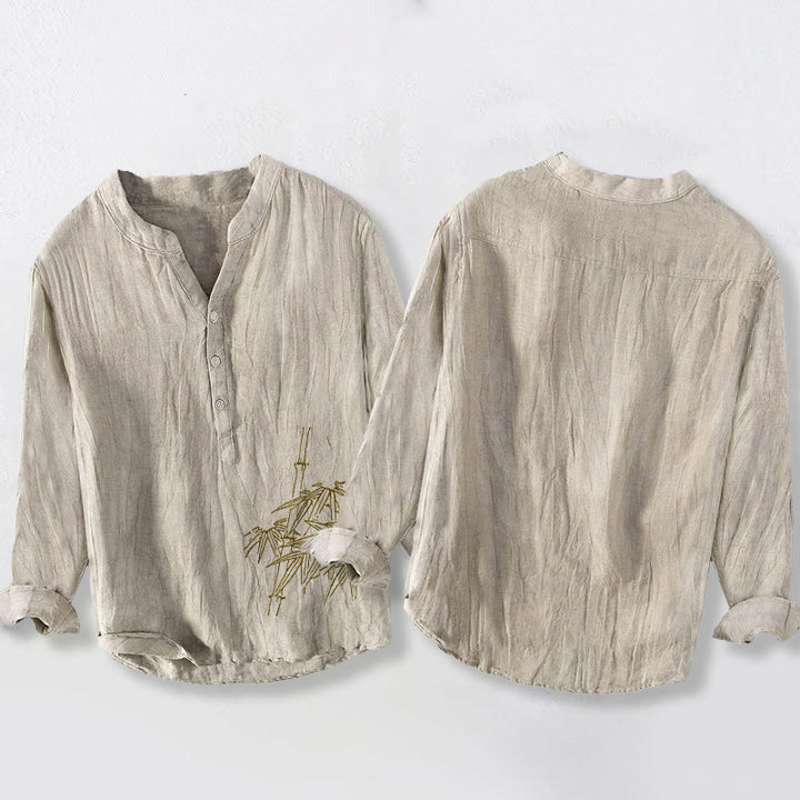 Camisa de manga larga de lino y algodón para hombre con estampado de hojas de bambú y Buddha Stones , con botones y botones. - image 8