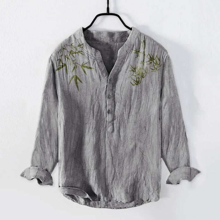 Camisa de manga larga de lino y algodón para hombre con estampado de hojas de bambú verde y Buddha Stones , con botones a la izquierda - Gris - US/UK/AU50, UE60 (5XL) - image 3