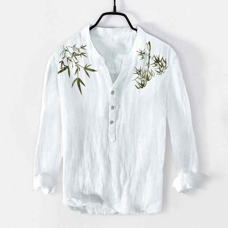 Camisa de manga larga de lino y algodón para hombre con estampado de hojas de bambú verde y Buddha Stones , con botones a la izquierda - Blanco - US/UK/AU50, UE60 (5XL) - image 6