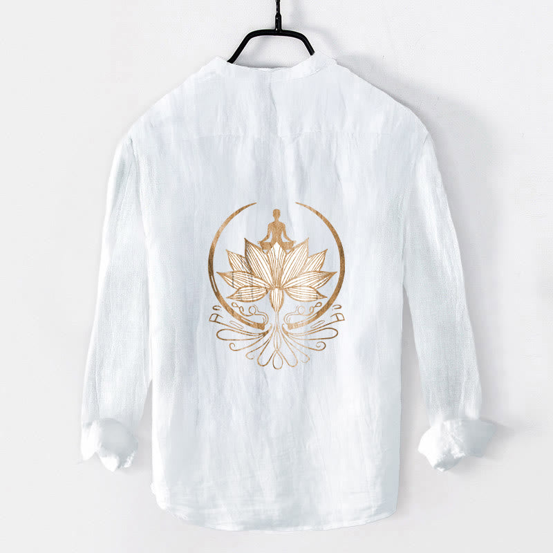 Camisa de manga larga de algodón y lino para hombre con diseño de loto y Buddha Stones en meditación, con botones y medio botón. - image 8