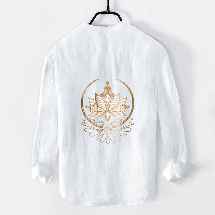 Camisa de manga larga de algodón y lino para hombre con diseño de loto y Buddha Stones en meditación, con botones y medio botón. - image 8