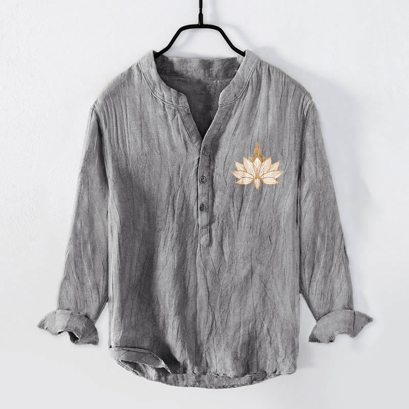 Camisa de manga larga de algodón y lino para hombre con diseño de loto y Buddha Stones en meditación, con botones y medio botón. - image 1