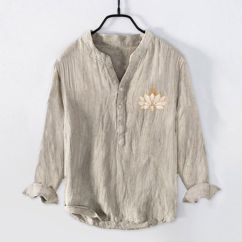 Camisa de manga larga de algodón y lino para hombre con diseño de loto y Buddha Stones en meditación, con botones y medio botón. - image 4