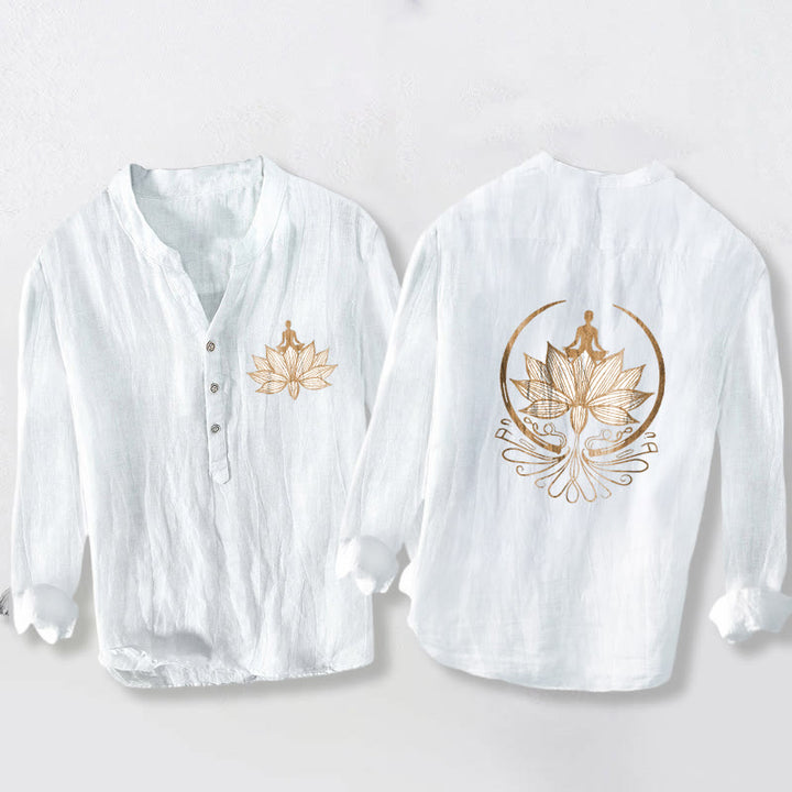 Camisa de manga larga de algodón y lino para hombre con diseño de loto y Buddha Stones en meditación, con botones y medio botón. - Blanco - US/UK/AU50, UE60 (5XL) - image 6