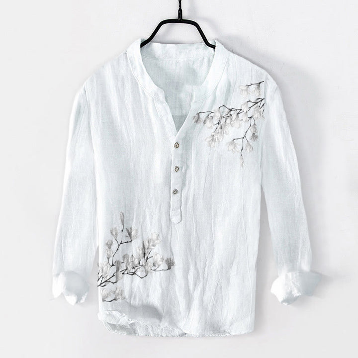 Camisa de manga larga de lino y algodón para hombre con estampado de ramas de magnolia y piedras de Buddha Stones . - Blanco - US/UK/AU50, UE60 (5XL) - image 6