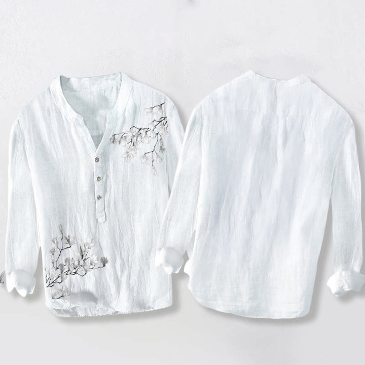 Camisa de manga larga de lino y algodón para hombre con estampado de ramas de magnolia y piedras de Buddha Stones . - image 8